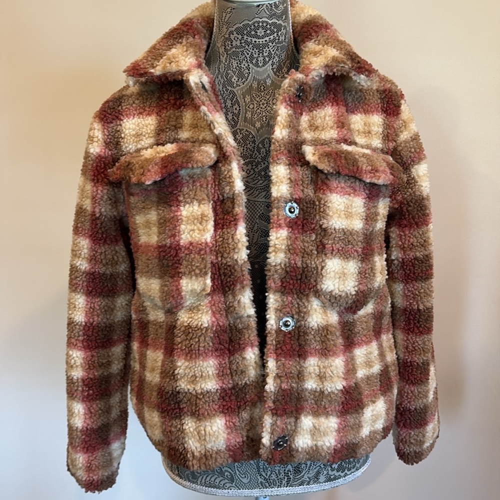 Avec Les Filles Plaid Faux Shearling Trucker Jacket XS Teddy Sherpa Oversized - Picture 7 of 12